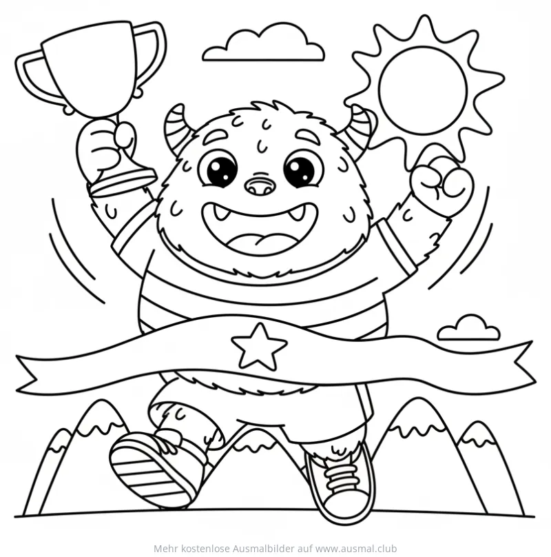 Monster überquert Ziellinie mit Pokal Ausmalbild