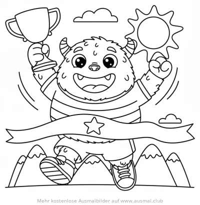 Monster überquert Ziellinie mit Pokal Ausmalbild