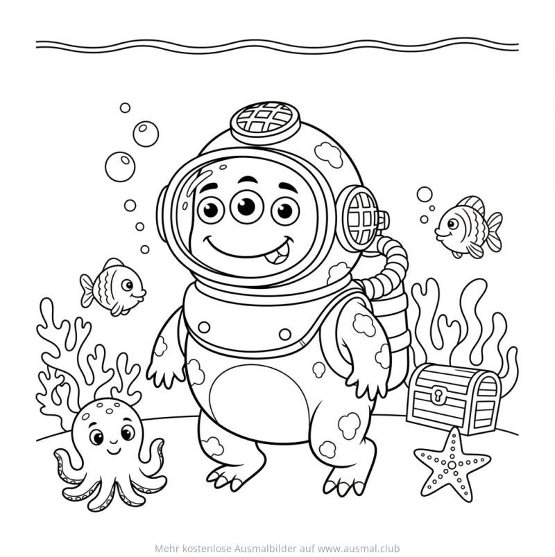 Monster im Taucheranzug mit Fischen, Oktopus und Schatztruhe Ausmalbild