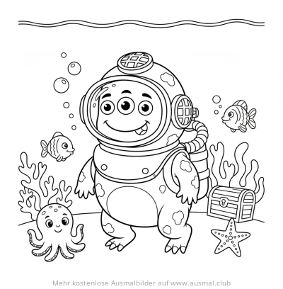 Monster im Taucheranzug mit Fischen, Oktopus und Schatztruhe Ausmalbild