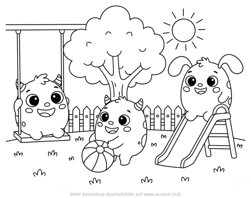 Drei Monsterbabys spielen im Garten Ausmalbild