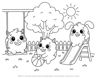 Drei Monsterbabys spielen im Garten Ausmalbild