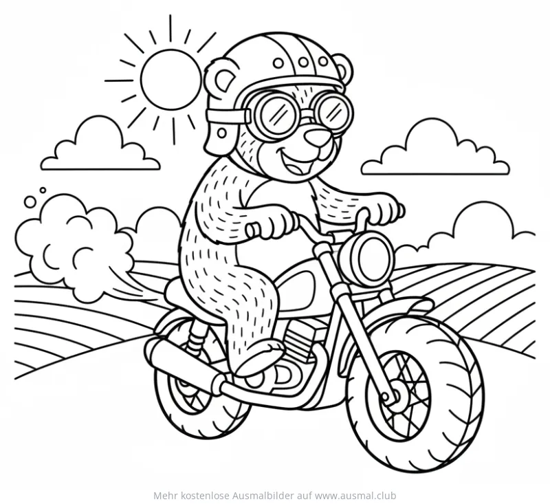 Bär mit Helm und Brille auf Motorrad Ausmalbild