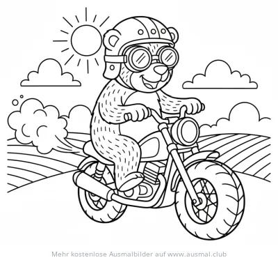 Bär mit Helm und Brille auf Motorrad Ausmalbild