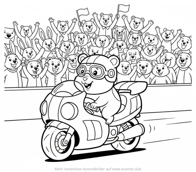 Bär fährt Rennmaschine, jubelnde Tiere im Hintergrund Ausmalbild