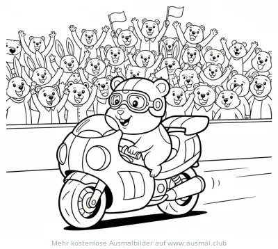 Bär fährt Rennmaschine, jubelnde Tiere im Hintergrund Ausmalbild