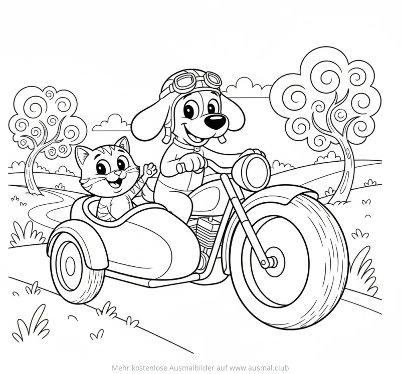 Hund und Katze fahren mit Motorrad und Beiwagen Ausmalbild