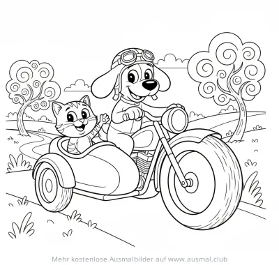 Hund und Katze fahren mit Motorrad und Beiwagen Ausmalbild