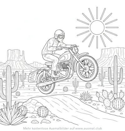 Motorradfahrer beim Stunt über eine Düne in Wüstenlandschaft Ausmalbild