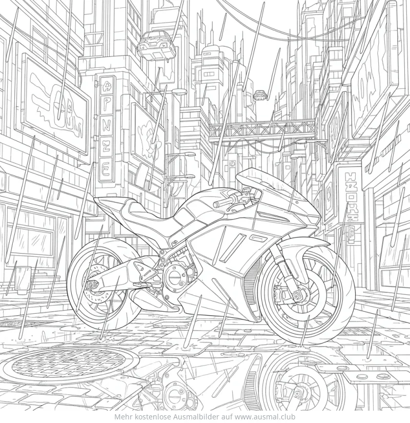 Futuristisches Motorrad in Stadt Ausmalbild