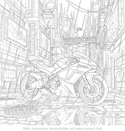 Futuristisches Motorrad in Stadt Ausmalbild