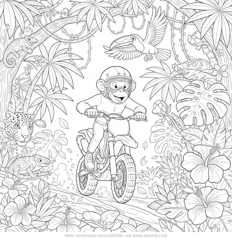 Affe fährt Motorrad im Dschungel Ausmalbild