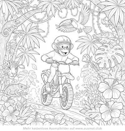 Affe fährt Motorrad im Dschungel Ausmalbild