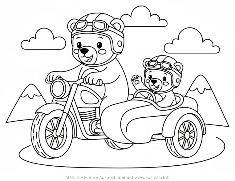 Bären auf Motorrad mit Beiwagen Ausmalbild