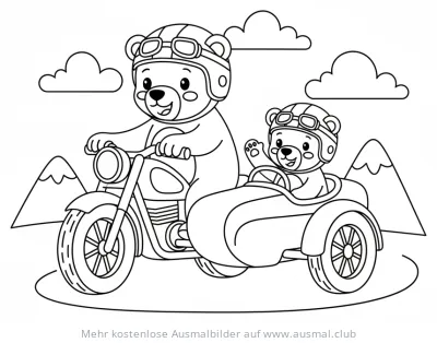 Bären auf Motorrad mit Beiwagen Ausmalbild