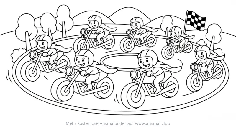 Motorradrennen Ausmalbild mit Kindern als Rennfahrer