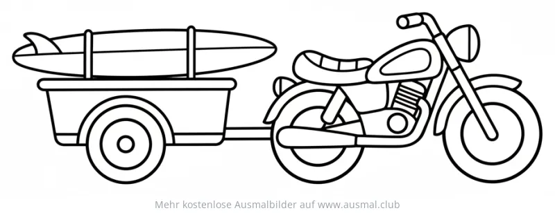 Motorrad mit Surfbrett Anhänger Ausmalbild
