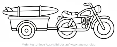 Motorrad mit Surfbrett Anhänger Ausmalbild