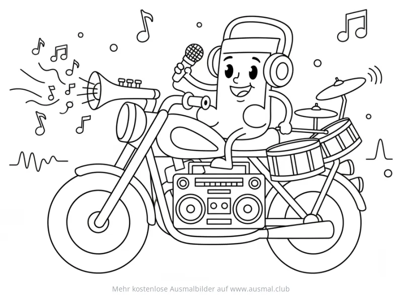 Singende Musiknote auf Motorrad mit Schlagzeug Ausmalbild