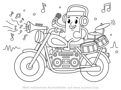 Singende Musiknote auf Motorrad mit Schlagzeug Ausmalbild