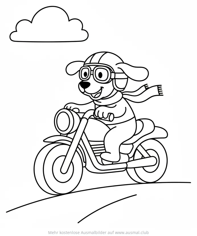 Hund mit Helm und Schal auf Motorrad Ausmalbild