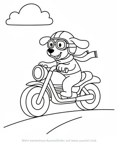Hund mit Helm und Schal auf Motorrad Ausmalbild