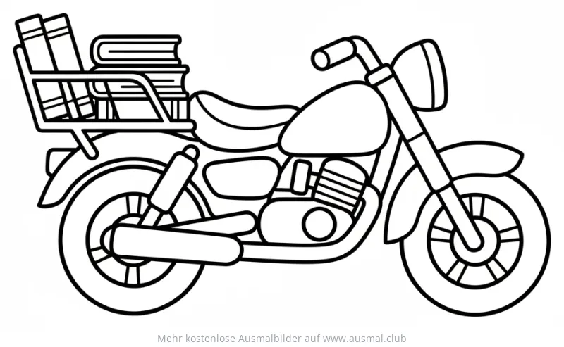 Motorrad mit Gepäckträger und Büchern Ausmalbild