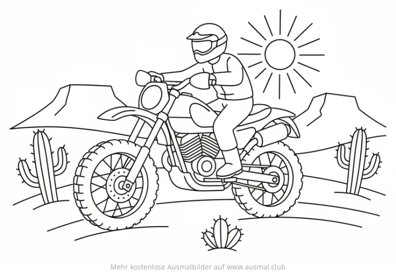 Motorradfahrer in Wüstenlandschaft Ausmalbild