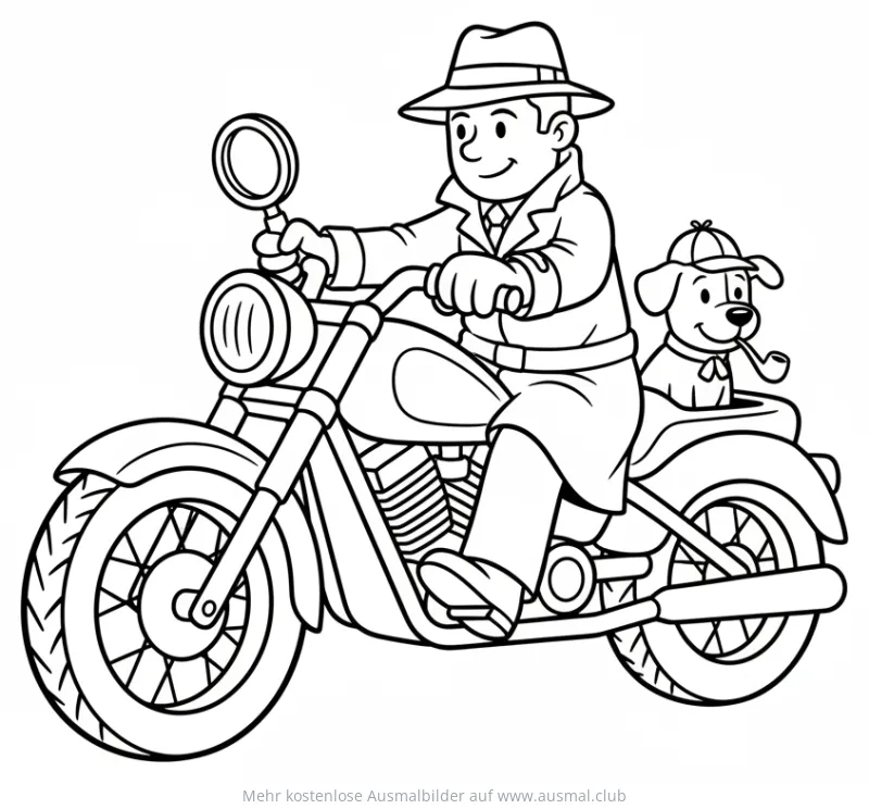 Detektiv mit Lupe und Hund im Beiwagen auf Motorrad Ausmalbild