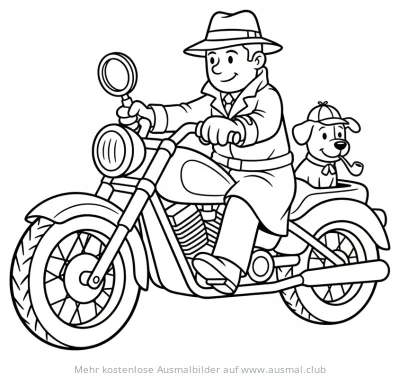 Detektiv mit Lupe und Hund im Beiwagen auf Motorrad Ausmalbild