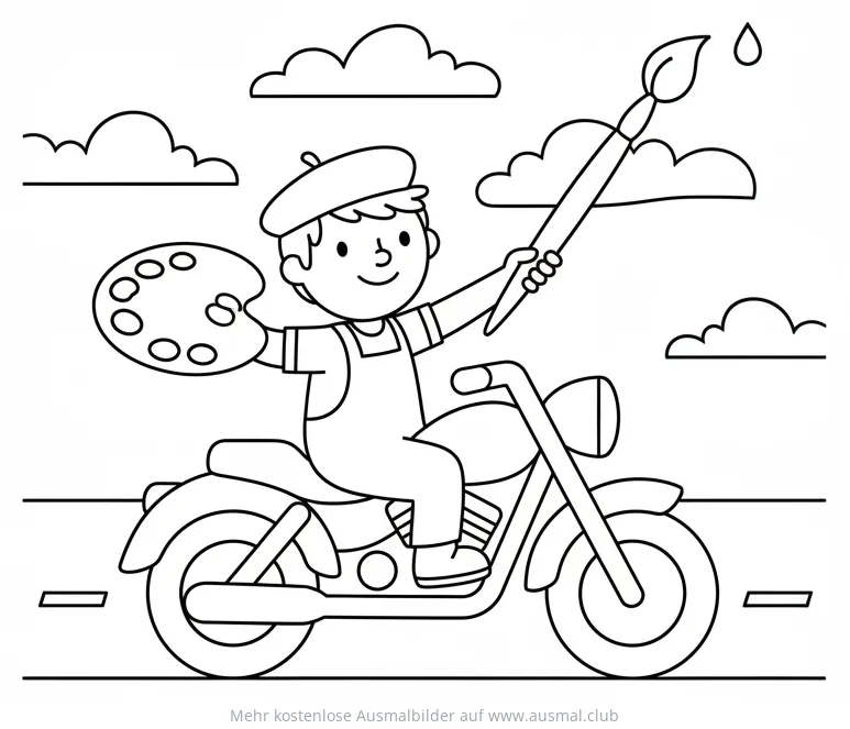Künstler mit Palette und Pinsel auf Motorrad Ausmalbild