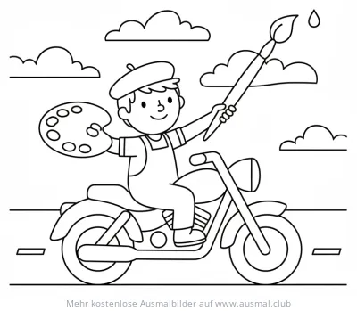 Künstler mit Palette und Pinsel auf Motorrad Ausmalbild