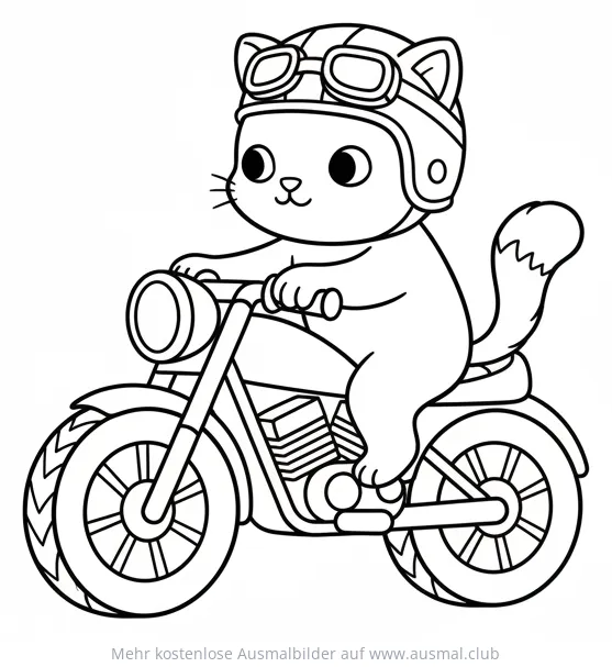 Katze mit Helm auf Motorrad Ausmalbild