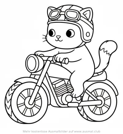 Katze mit Helm auf Motorrad Ausmalbild