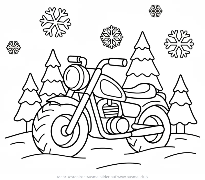 Motorrad in Winterlandschaft mit Tannenbäumen und Schneeflocken Ausmalbild