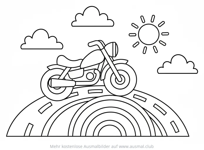 Motorrad fährt über Regenbogen Ausmalbild mit Sonne und Wolken