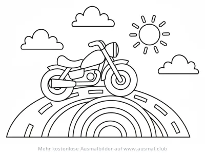 Motorrad fährt über Regenbogen Ausmalbild mit Sonne und Wolken