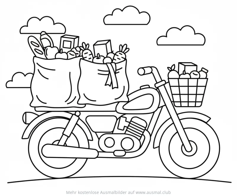 Motorrad mit Einkaufstüten und Lebensmitteln Ausmalbild