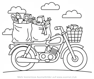Motorrad mit Einkaufstüten und Lebensmitteln Ausmalbild