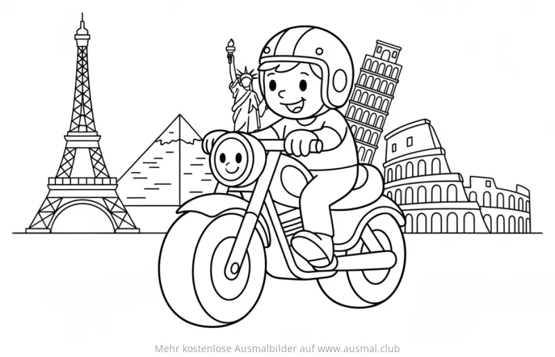 Junge auf Motorrad vor Sehenswürdigkeiten der Welt Ausmalbild