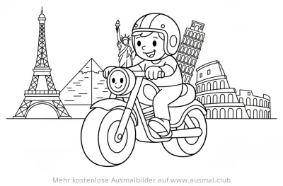 Junge auf Motorrad vor Sehenswürdigkeiten der Welt Ausmalbild