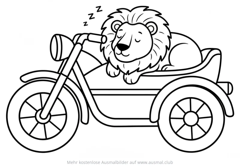 Schlafender Löwe im Motorrad Beiwagen Ausmalbild
