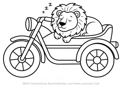 Schlafender Löwe im Motorrad Beiwagen Ausmalbild