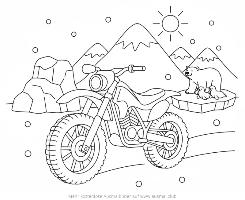 Motorrad in arktischer Landschaft mit Eisbären Ausmalbild