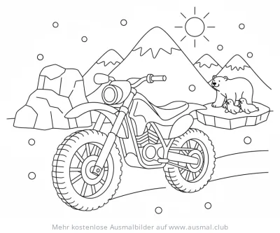 Motorrad in arktischer Landschaft mit Eisbären Ausmalbild