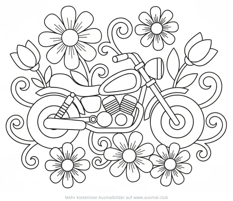 Motorrad Ausmalbild mit Blumen auf einer Wiese