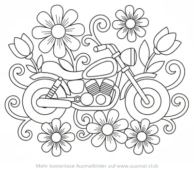 Motorrad Ausmalbild mit Blumen auf einer Wiese