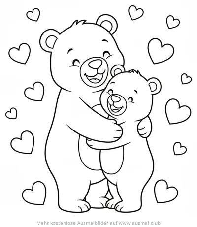Mutter Bär mit Jungem und Herzen Ausmalbild