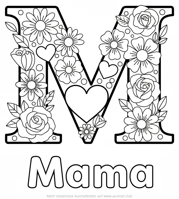 Buchstabe M mit Blumen und Herz, Wort Mama Ausmalbild