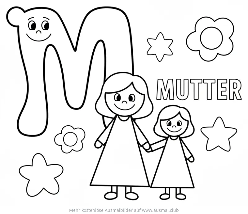 Buchstabe M mit Mutter und Kind Ausmalbild